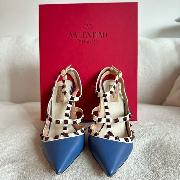 Valentino Garavani Rockstud Ankle Strap Pump in Blue and Burgundy Size 39.5 EU - Picture 8 of 16